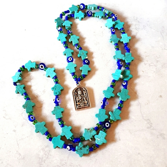 Gaviota Jewelry - Turquoise Hamsa Hand Evil Eye Buddha Necklace